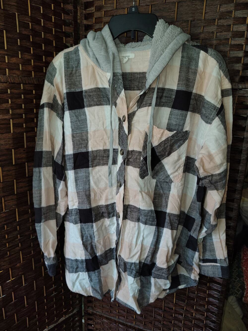 Maurices Black Pink flannel Pocket Hoodie Faux Fur XL Layer Ranch